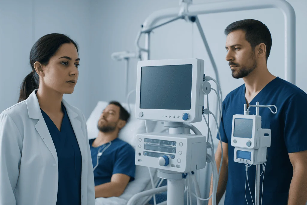 Medical team monitoring patient in hospital room with advanced equipment.
