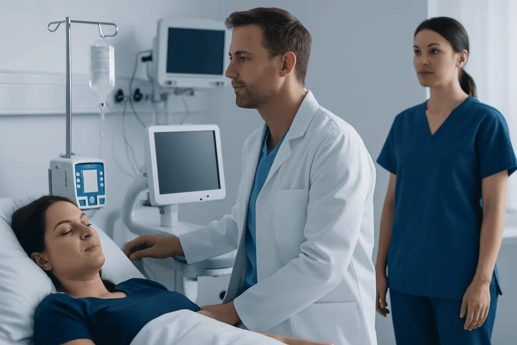 Doctor consulting patient in hospital room with medical equipment.