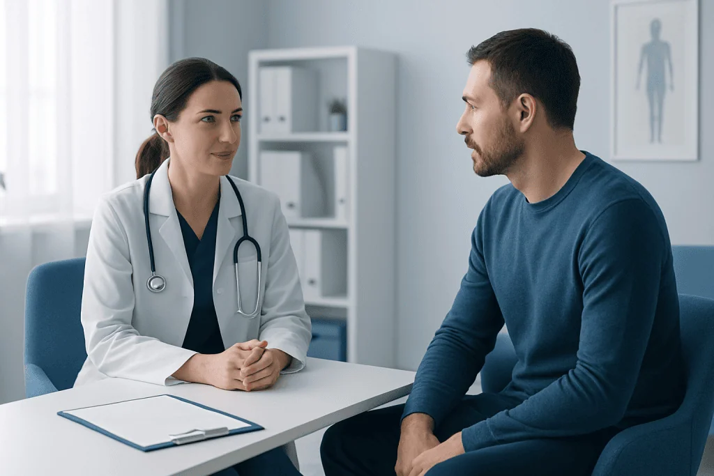 Doctor consulting with male patient in a medical office.