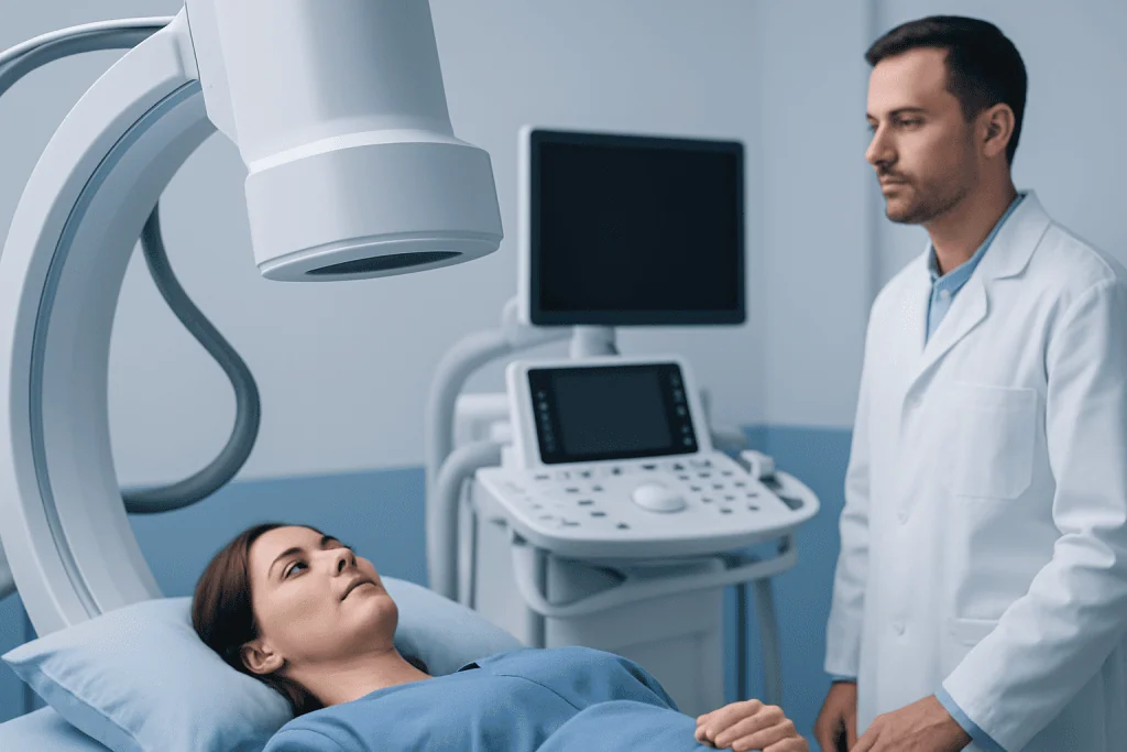 Patient undergoing medical imaging scan at Acibadem Hospital.