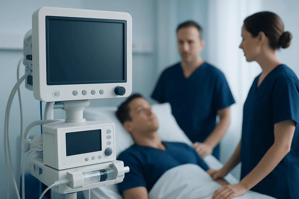 Hospital room with patient and medical staff near monitoring equipment.