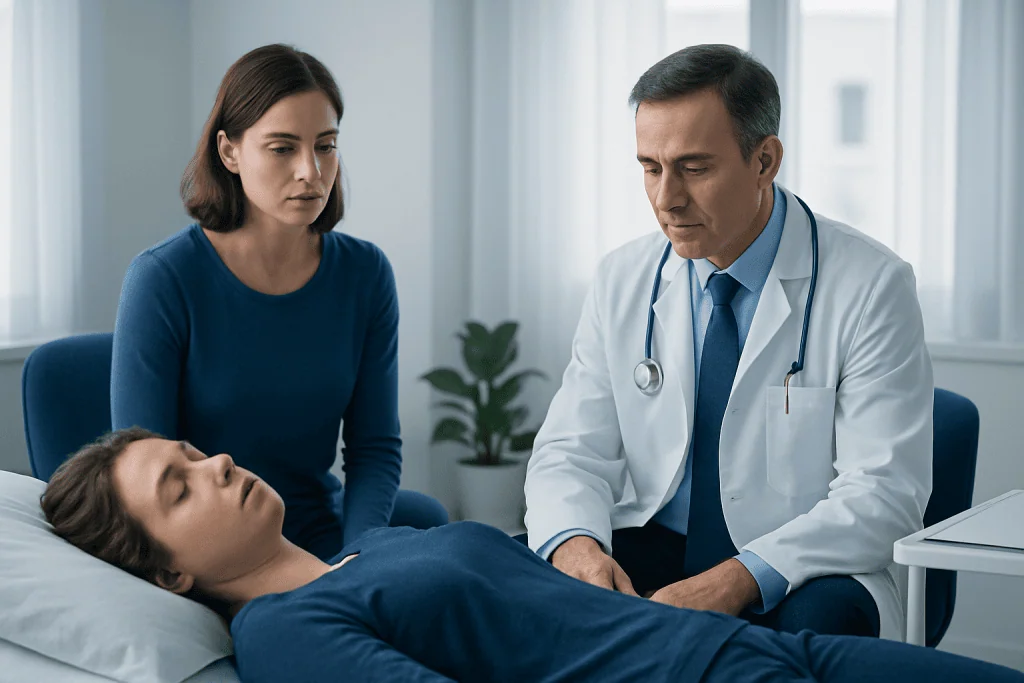 Doctor consulting with worried woman and patient in hospital room.