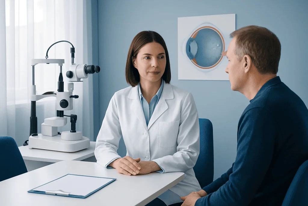 Eye doctor consulting with a patient in a modern clinic setting.