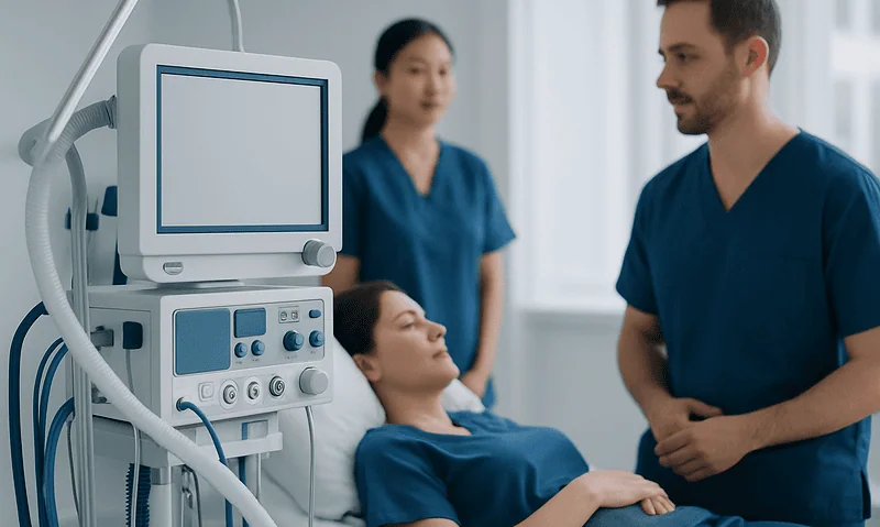Medical team monitoring patient in hospital room with advanced equipment.