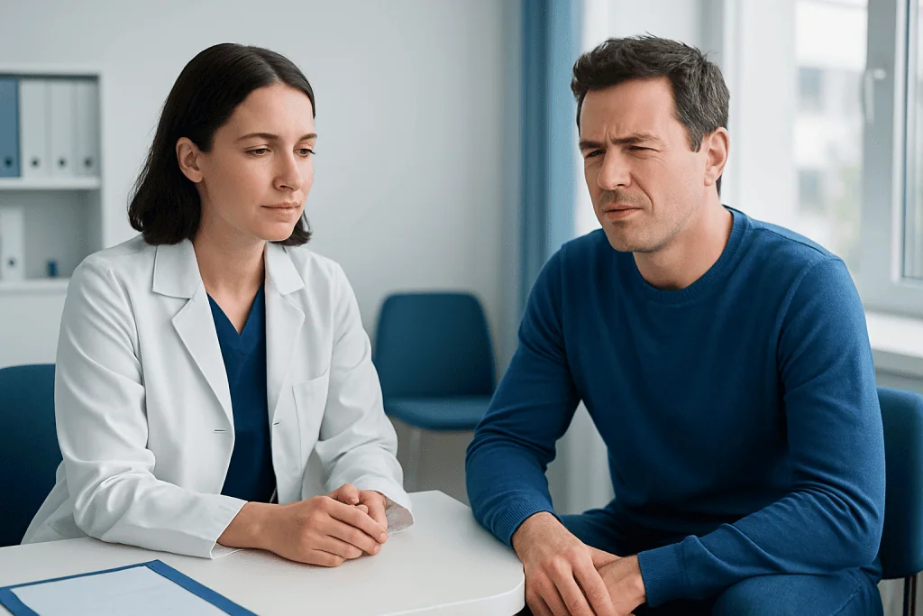 Doctor consulting with male patient about eye health in clinic.