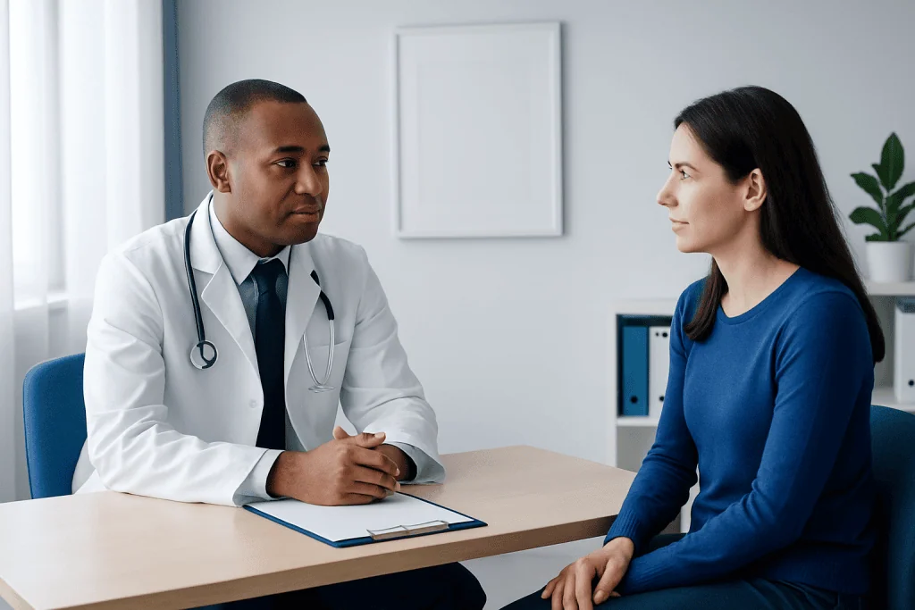 Doctor consulting with a female patient in a modern medical office.
