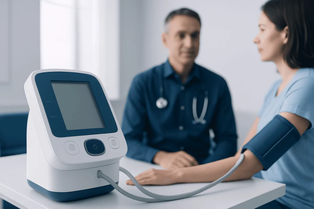 Medical professional checking blood pressure with digital monitor in clinic.