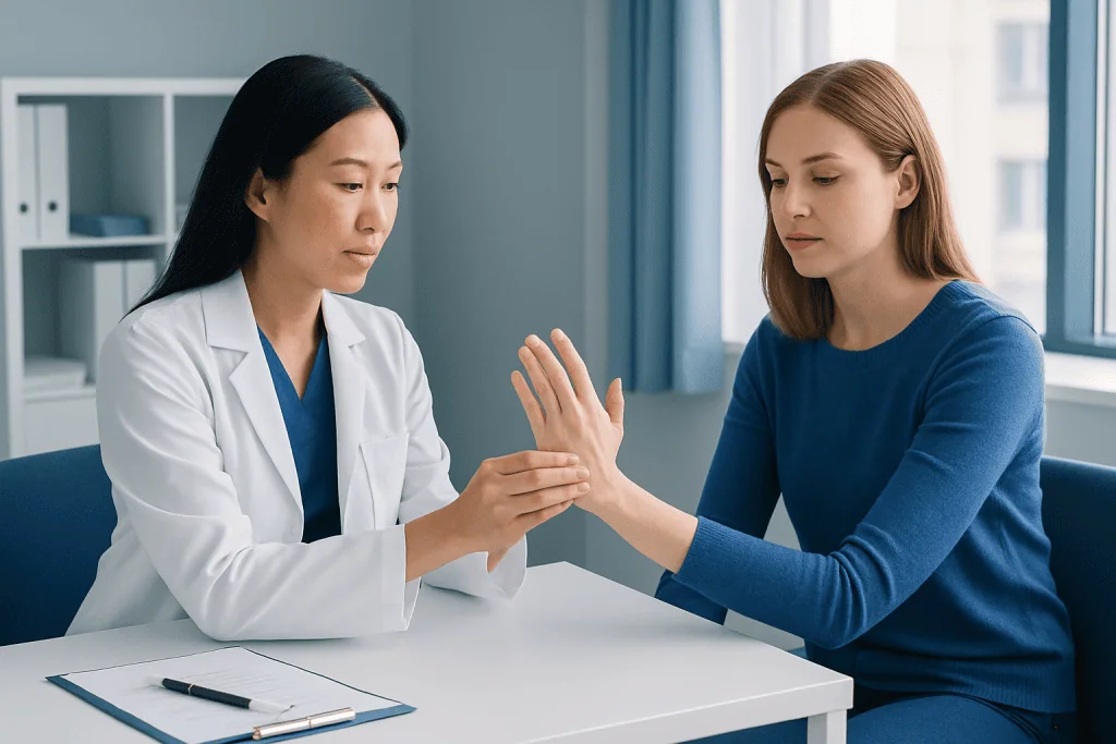 Doctor examining patient's hand for skin issues or warts.