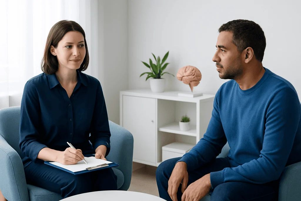 Therapist and patient in a counseling session at Acibadem Hospitals Group.