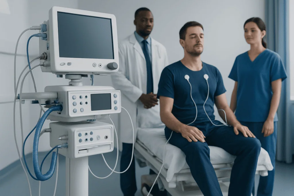 Patient connected to medical monitoring equipment in hospital room.