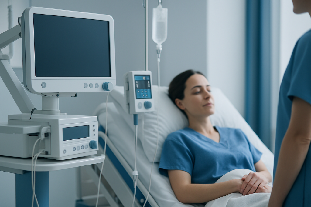 Patient in hospital bed connected to medical monitors and IV drip.