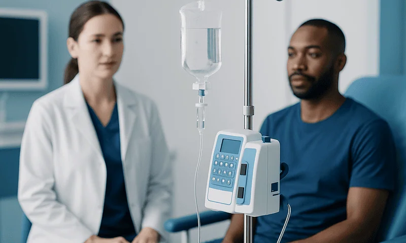 Medical professional monitoring IV drip in hospital setting.