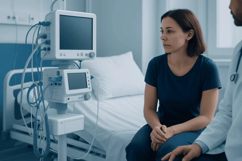 Patient in hospital room with medical monitors and healthcare professional.