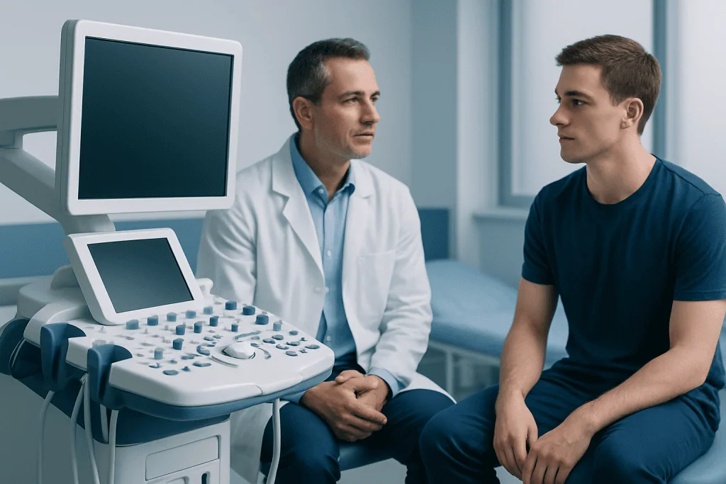 Doctor consulting with a young male patient in a medical examination room.