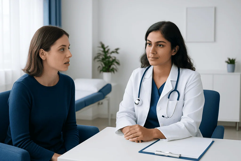 Doctor consulting with a patient in a modern medical office.