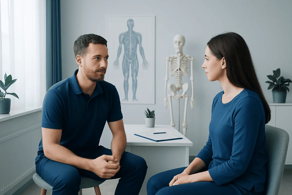 Patient and doctor discussing health in a medical consultation room.