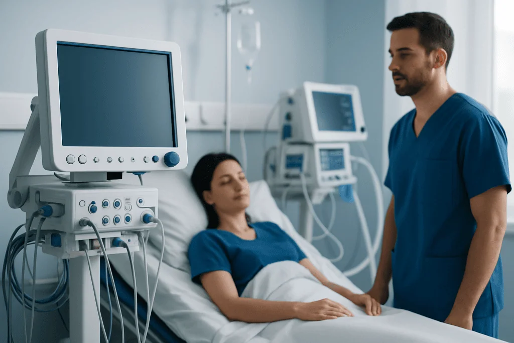 Medical professional consulting a patient in hospital room with monitors.