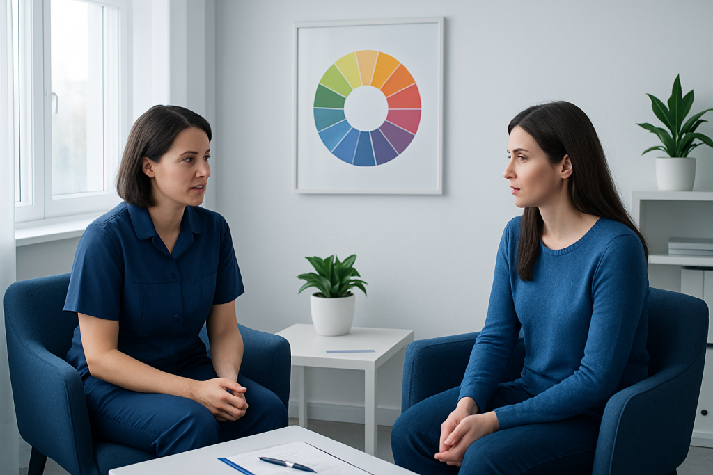 Therapist and patient discussing color therapy in a clinical setting.