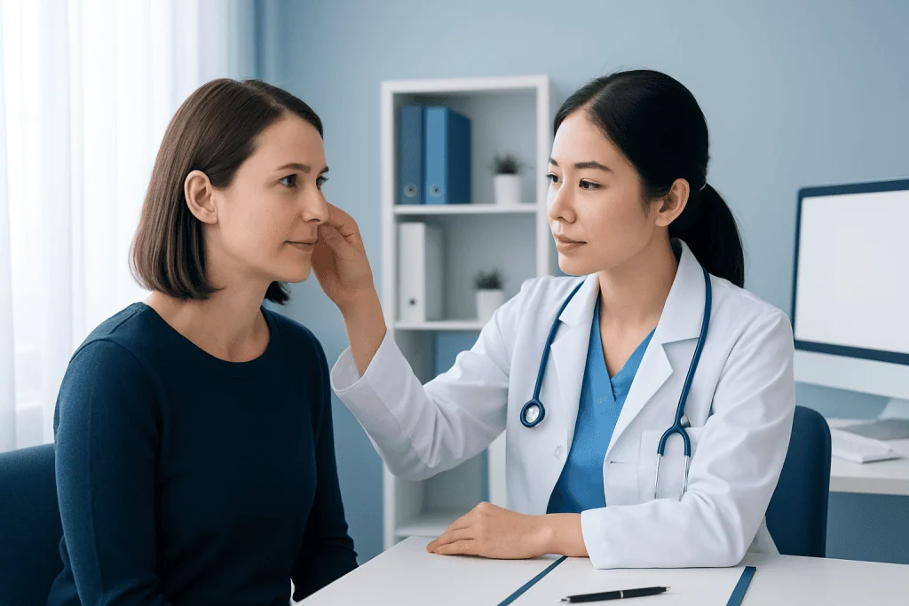 Doctor examining a patient's face in a medical consultation room.