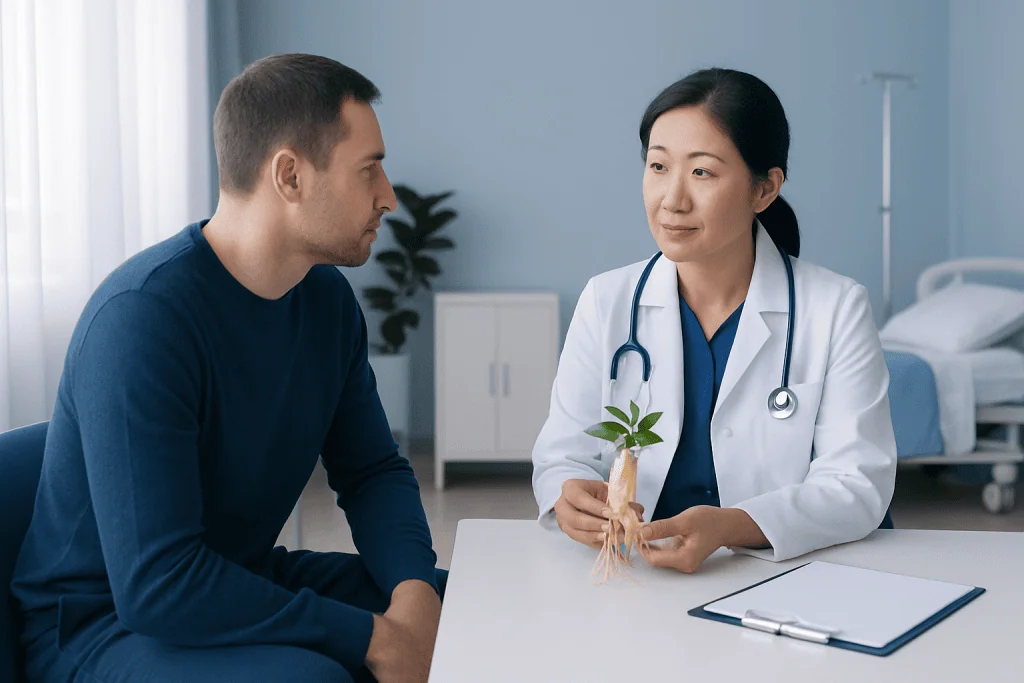 Doctor explaining ginseng benefits to patient in a hospital setting.