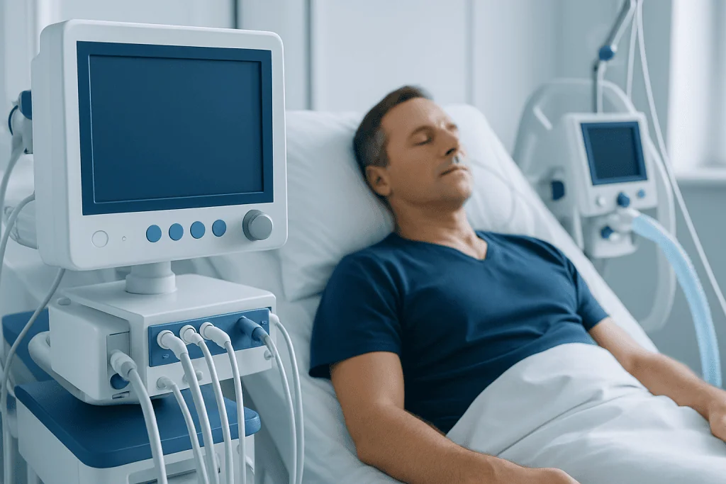 Patient resting in hospital bed with medical monitors nearby.