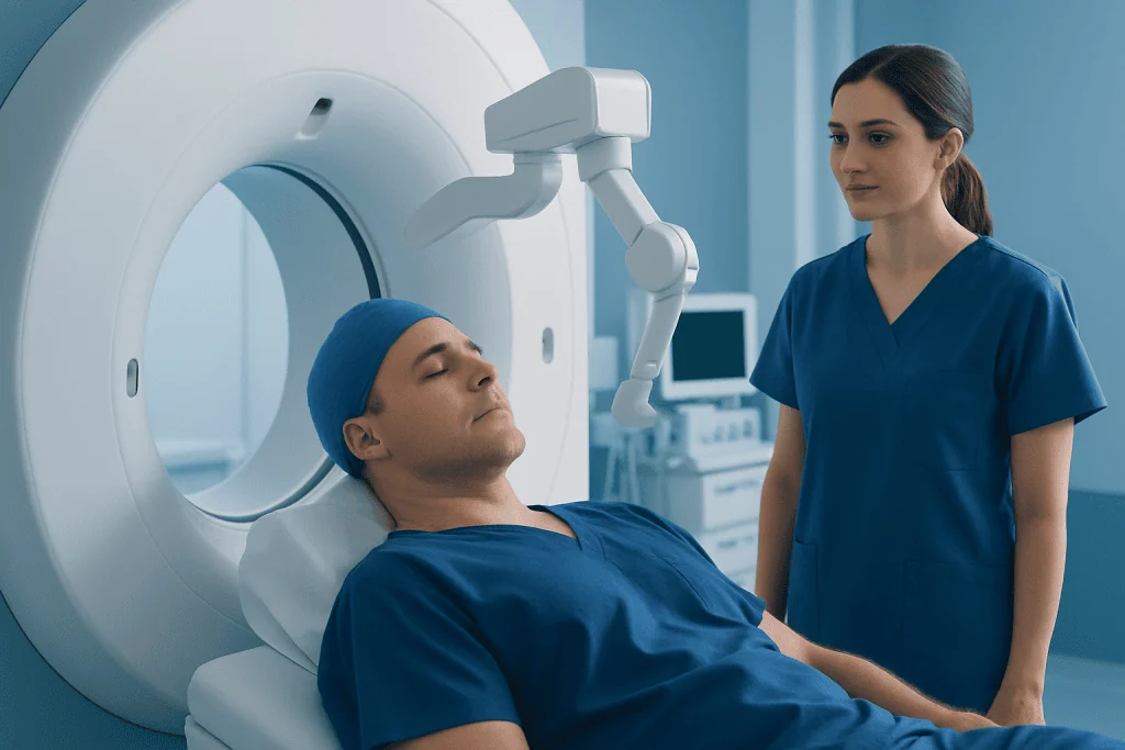 Patient undergoing MRI scan at Acibadem Hospital with medical staff present.