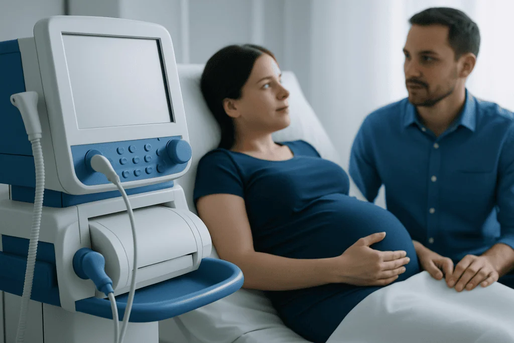 Pregnant woman in hospital with partner and ultrasound machine.