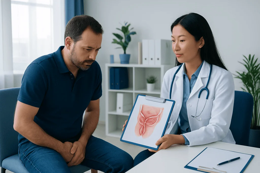Doctor explaining male perineum health to patient with diagram.