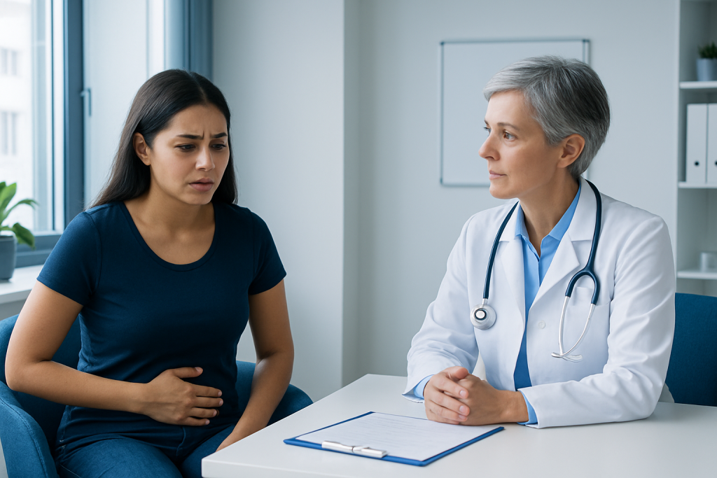 Woman consulting with doctor about health concerns in a medical office.