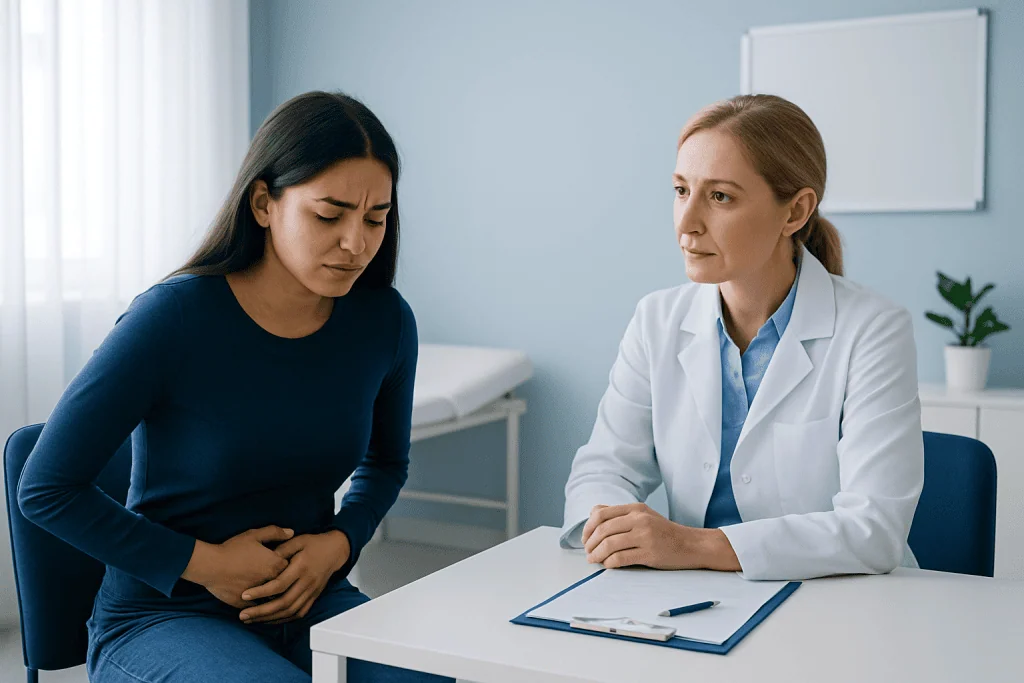 Woman experiencing abdominal pain during a medical consultation at Acibadem Hospital.