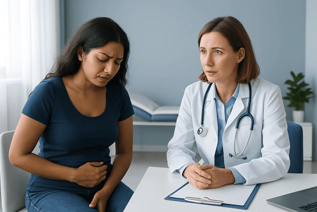 Doctor consulting with a woman experiencing menstrual pain in a clinic.