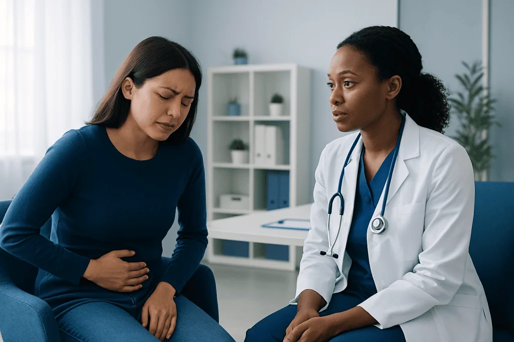 Doctor consulting with a woman experiencing abdominal pain.