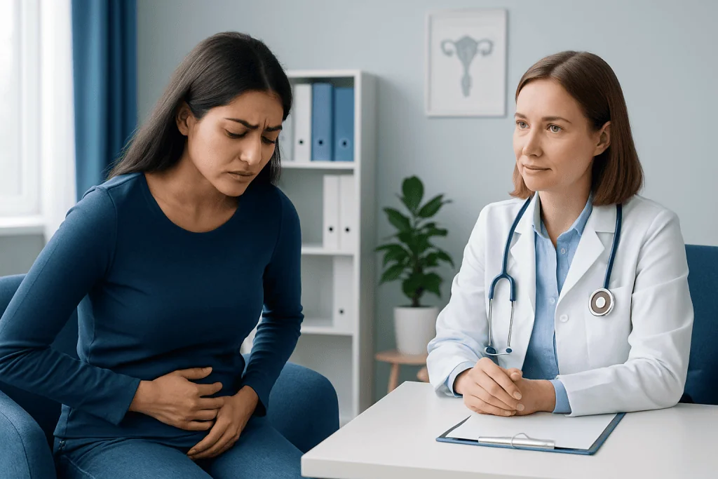 Woman with stomach pain consulting a doctor in a medical office.