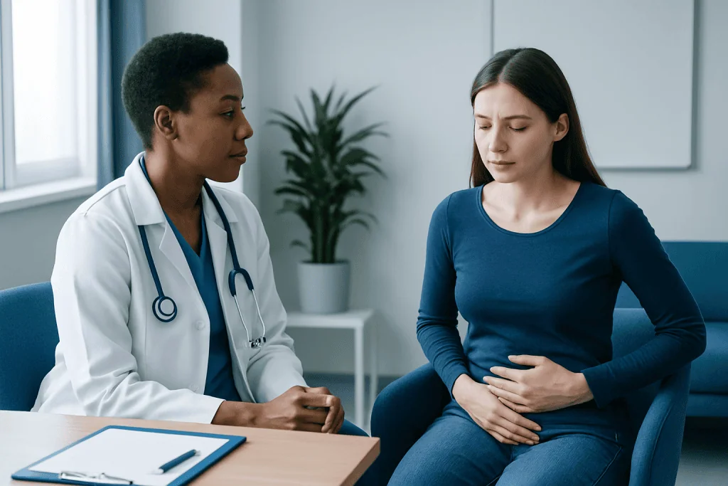 Doctor consulting with a patient about health concerns in a modern clinic.