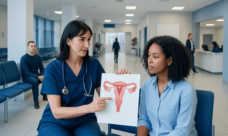 Medical consultation about women's reproductive health in a hospital setting.