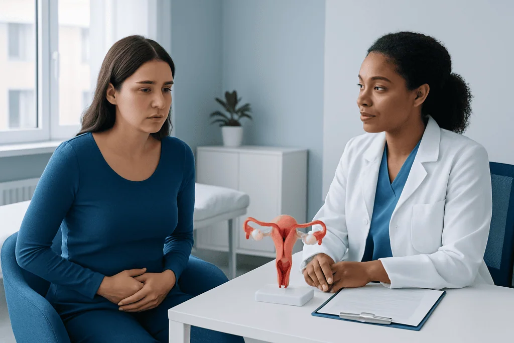 Gynecologist explaining reproductive health to a patient in a clinic.