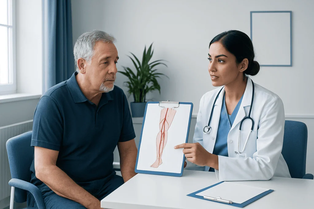 Doctor explaining leg artery diagram to patient in a consultation room.