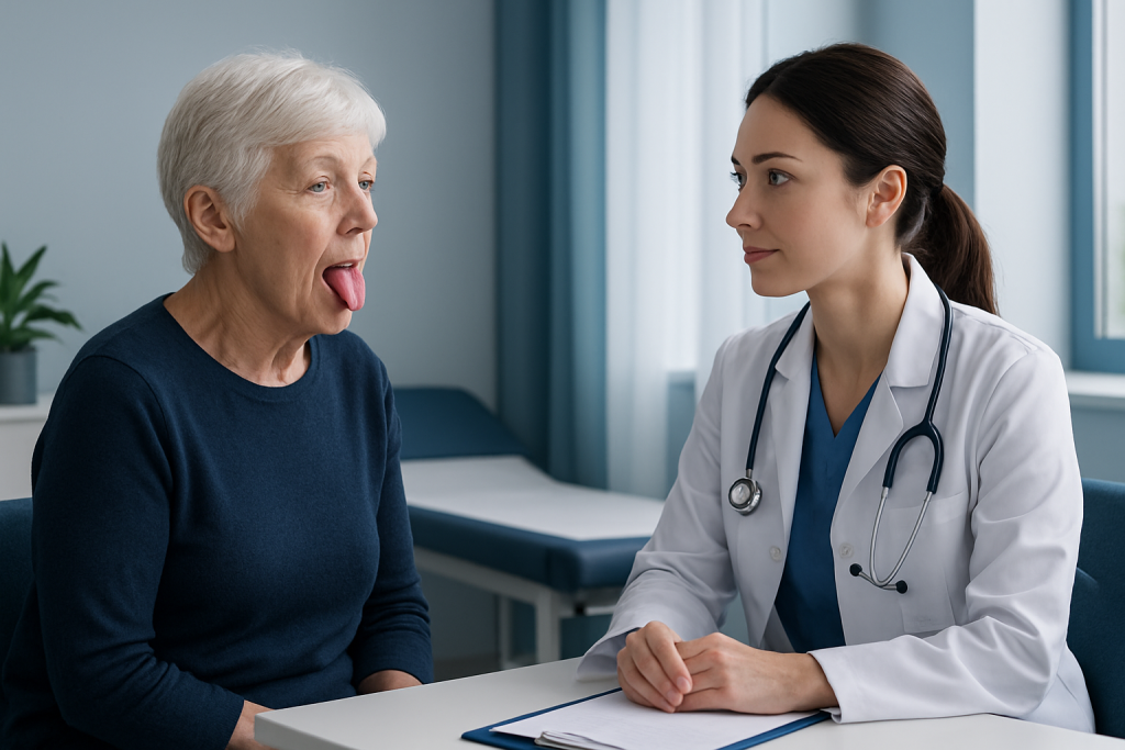 Doctor examining elderly woman's tongue for health assessment.