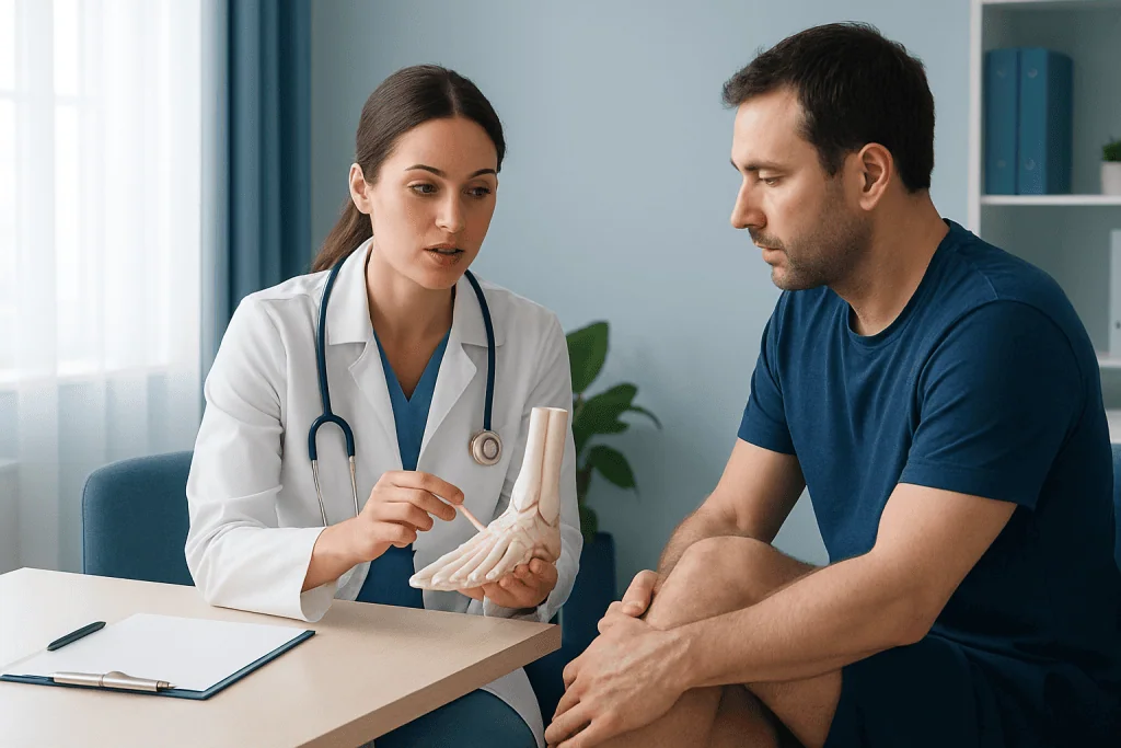 Doctor explaining foot anatomy to patient in consultation room.