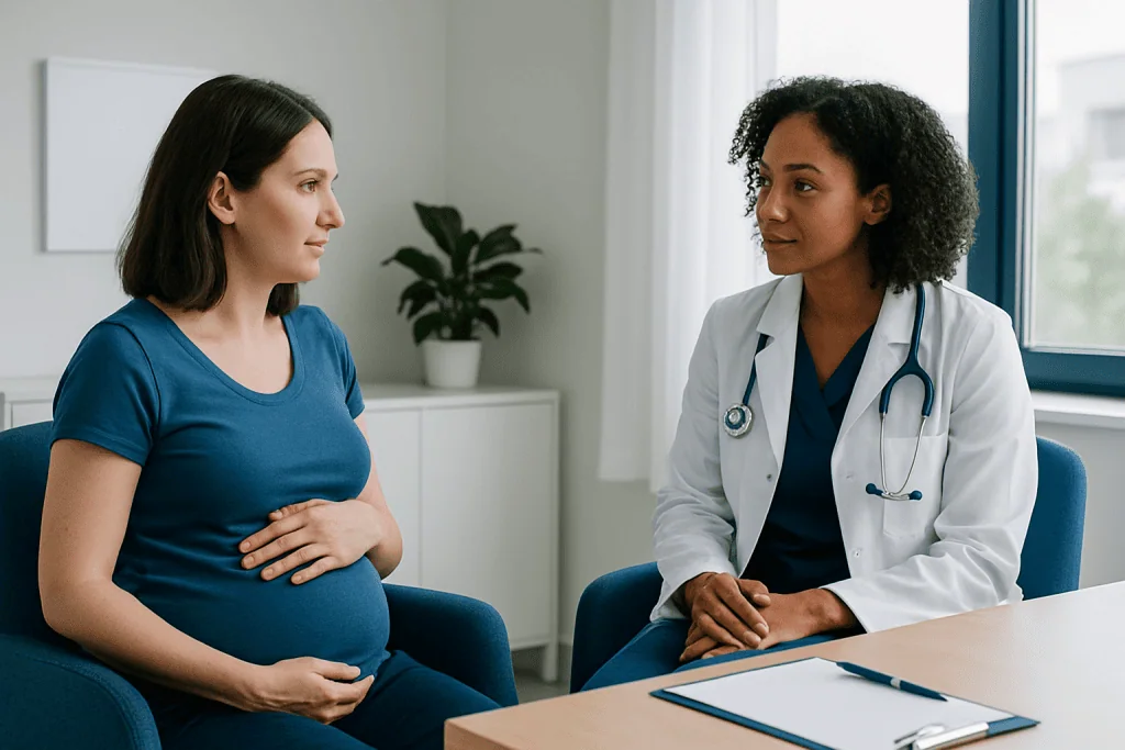Pregnant woman consulting with a doctor in a medical office.