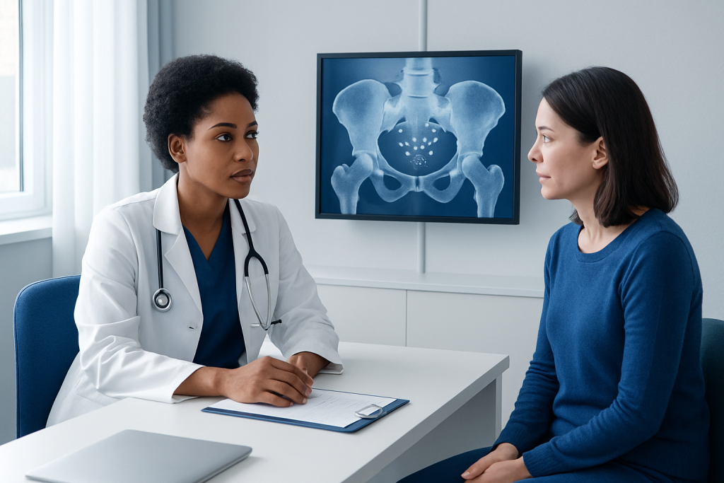 Doctor discussing pelvic X-ray with patient in medical consultation room.