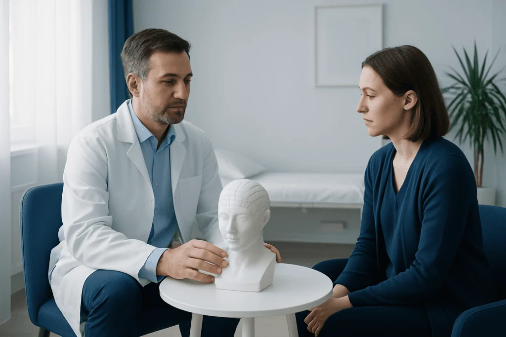 Doctor explaining brain anatomy to a patient using a model at Acibadem Hospital.