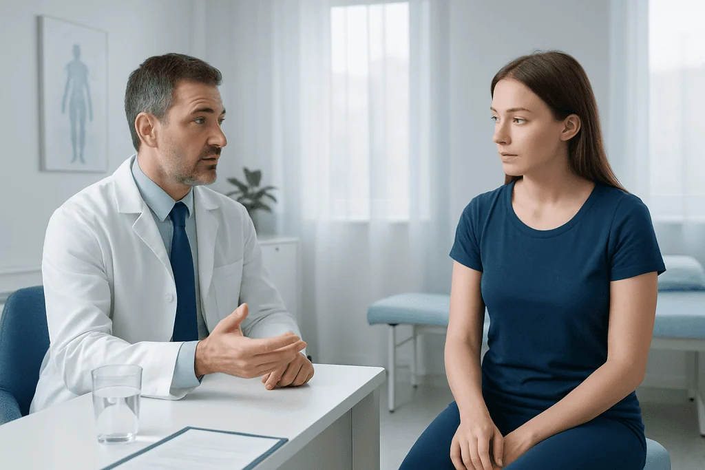 Doctor consulting with young woman in medical office.