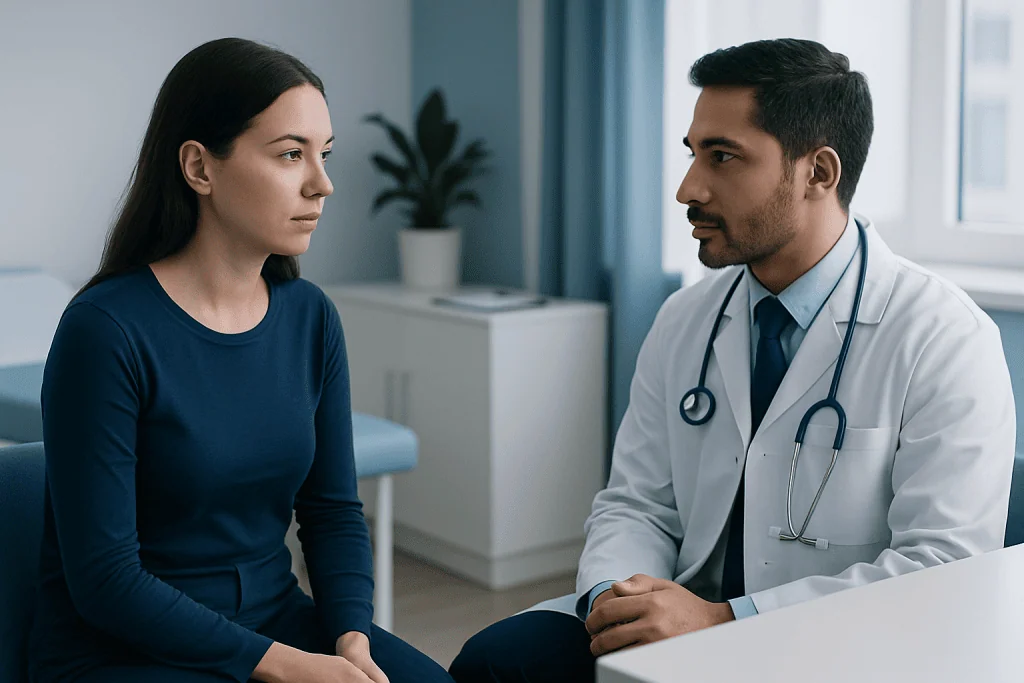 Doctor consulting with a female patient in a medical office.
