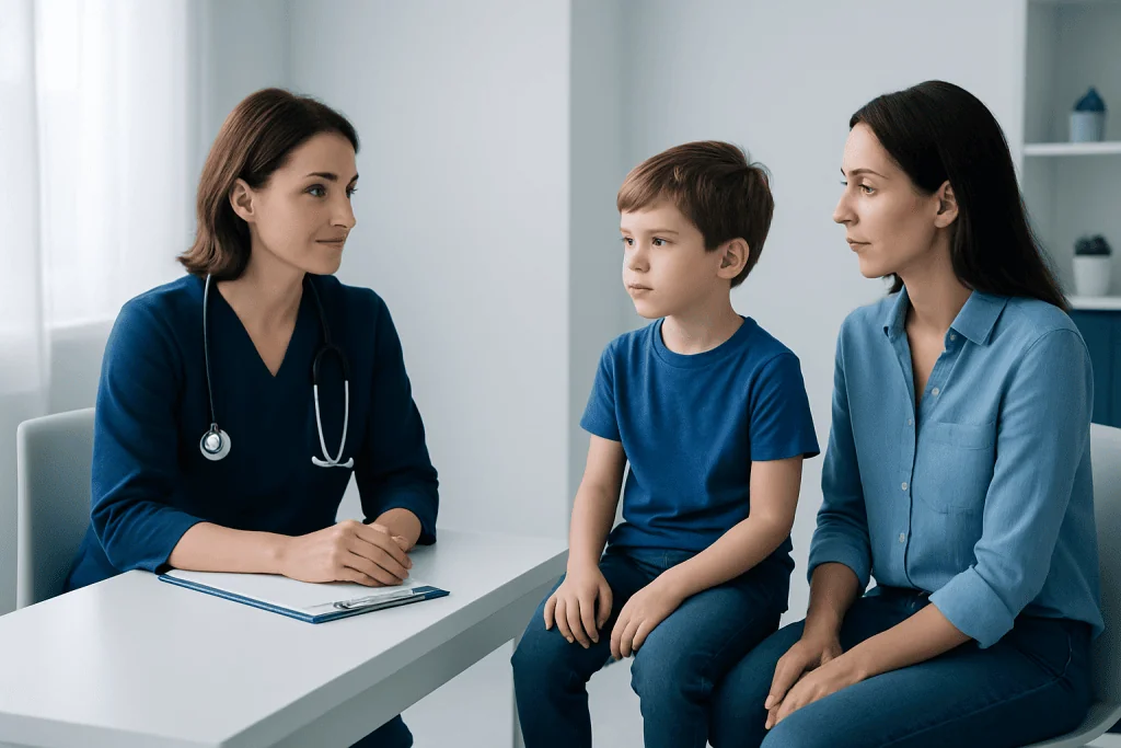 Doctor consulting with mother and child in a medical office.