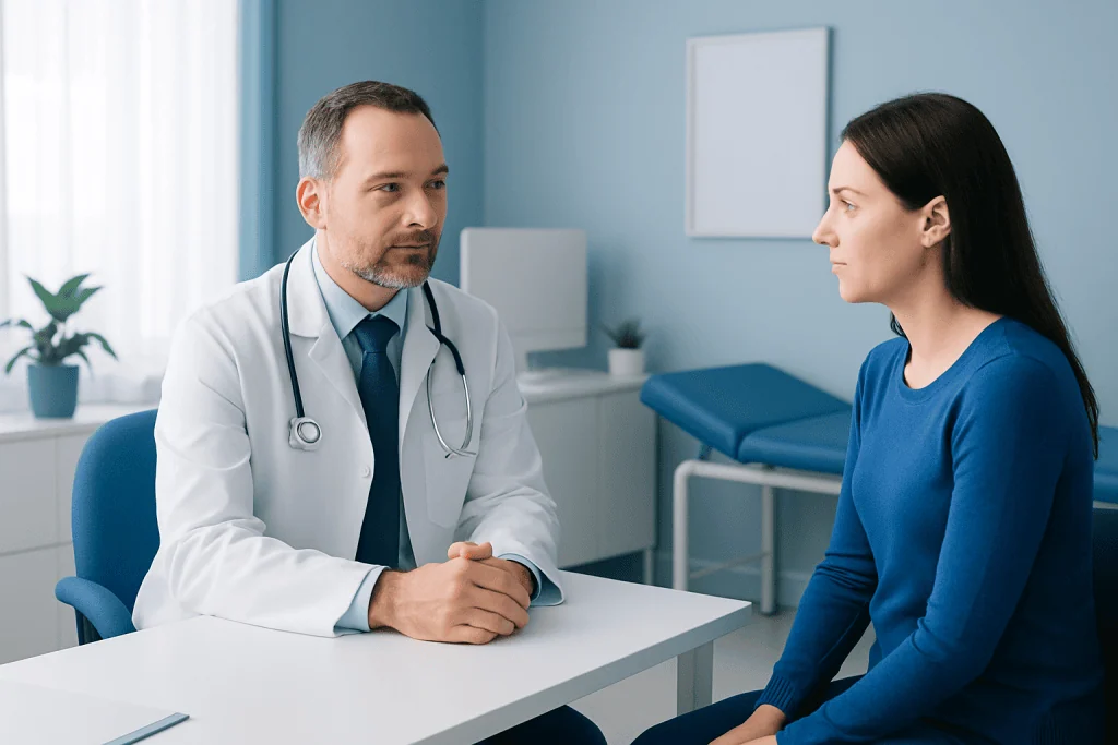 Doctor consulting with a patient in a medical office setting.