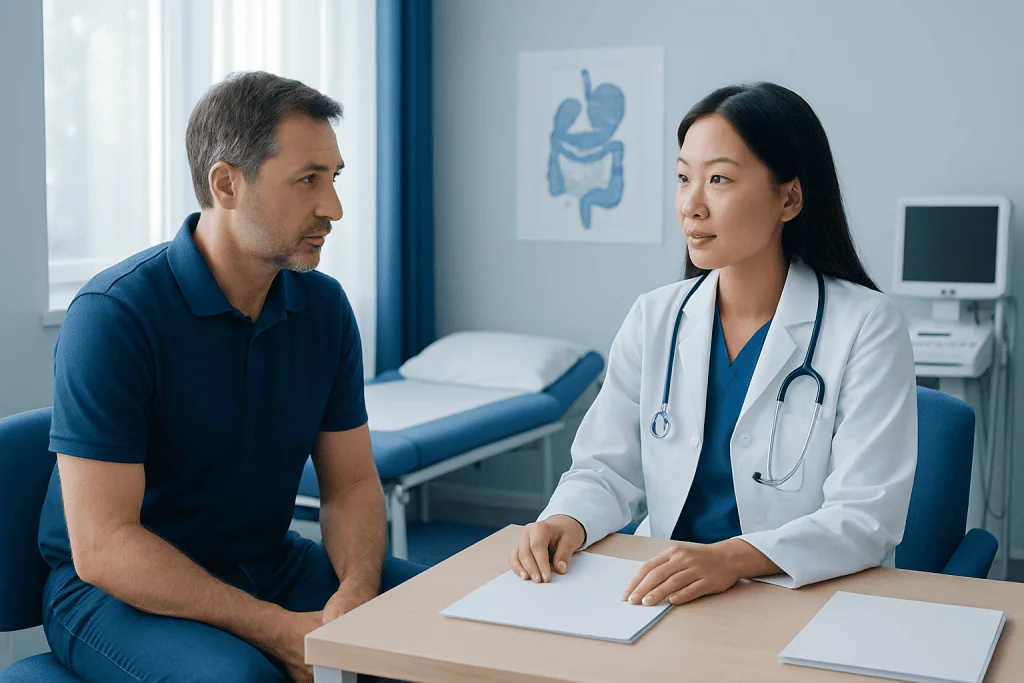 Doctor consulting with male patient in a medical office setting.