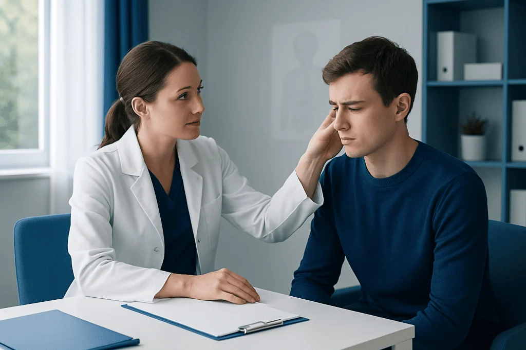 Doctor examining patient's ear for pimple or infection.
