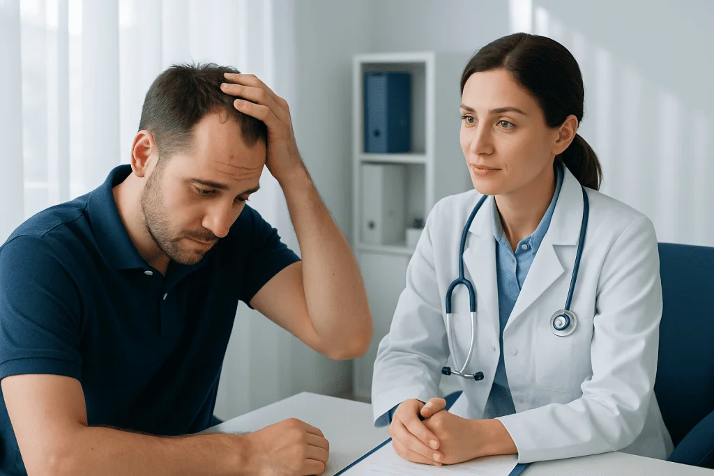 Patient consulting doctor about scalp issues in a medical clinic.