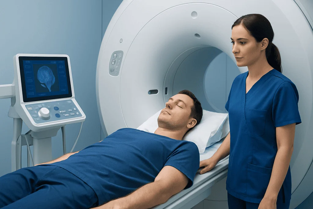 Patient undergoing MRI scan at Acibadem Hospital.